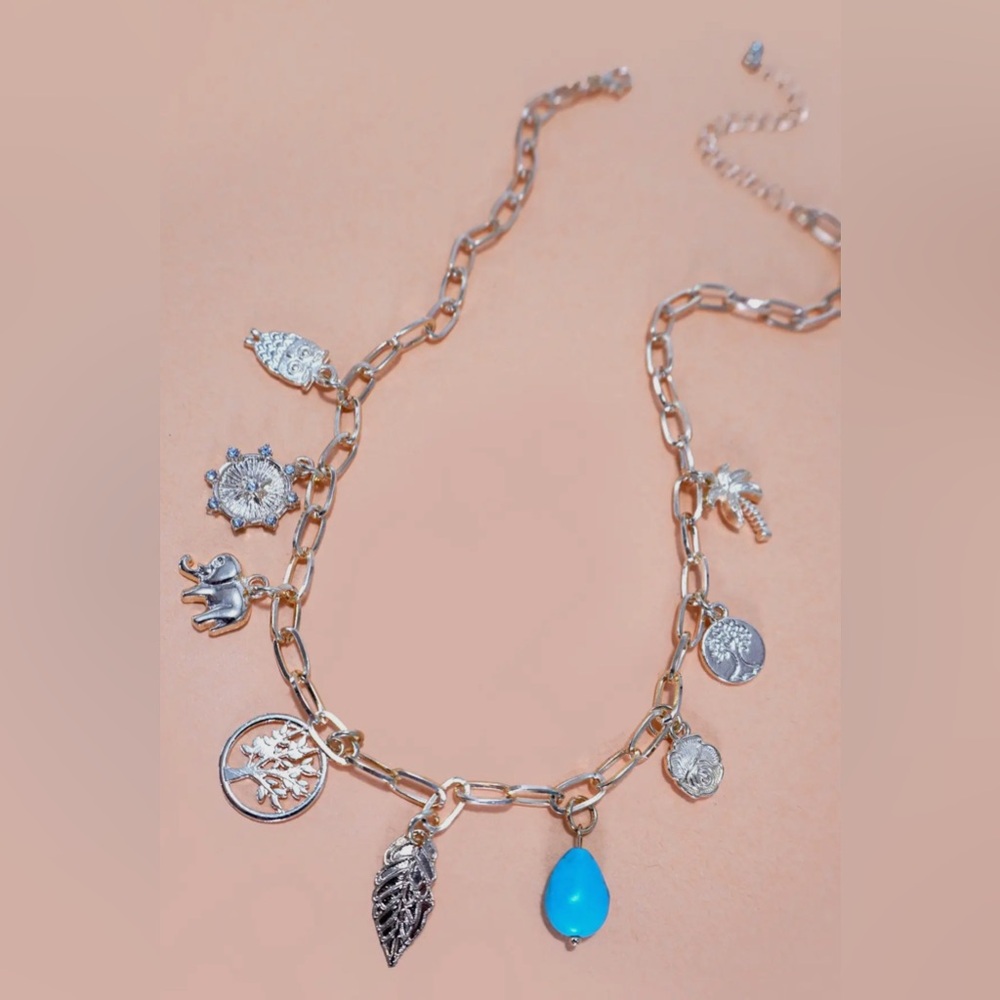 Gold-Tone Charm Necklace with Turquoise Drop-NIP